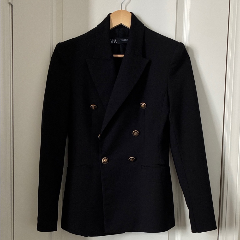 Zara Black Double-Breasted Blazer with Gold Buttons